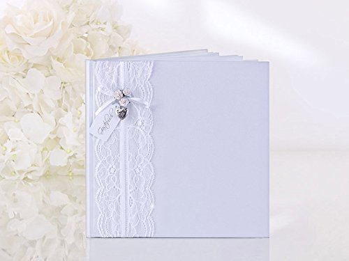 Gästebuch 22 Seiten Röschen weiß Metallherz Anhänger Herz 20,5x20,5cm Rosen Spitze Barock Nostalgie Hochzeitsbuch Buch Guestbook