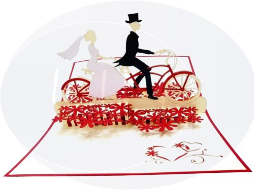 LIN-POP UP Karten Hochzeitskarten, Hochzeitseinladungen Valentinskarten 3D Karten Grußkarten Glückwunschkarten Liebe Hochzeit, Brautpaar mit Fahrrad - 3
