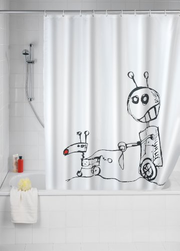 WENKO 19501100 Duschvorhang Robots – waschbar, mit 12 Duschvorhangringen, 100 % Polyester, Weiß - 2