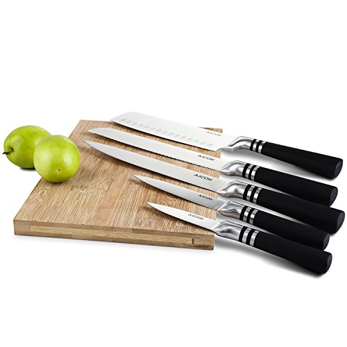 Aicok Magnetischer Messerblockset, Messerset Mit Magnetischem Messerhalter, 6-tlg, Rostfreier Spezialstahl Messerblock Set mit Magnetischem Messerbrett, Schwarz - 5