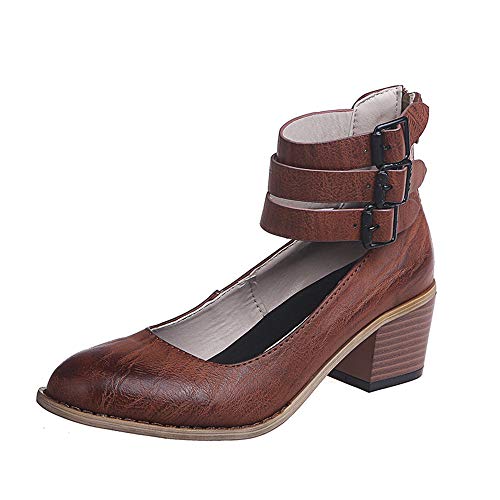 Zapatos Mujer de Talón de Bloque Botas Slip on Correa de Hebilla Tobillo Sandalias Verano Casual 5cm Cremallera Marrón EU40