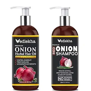Vedlekha Natural & Organic Red Onion Oil & Red Onion Shampoo Combo For Hairfall Control, 200ml Each