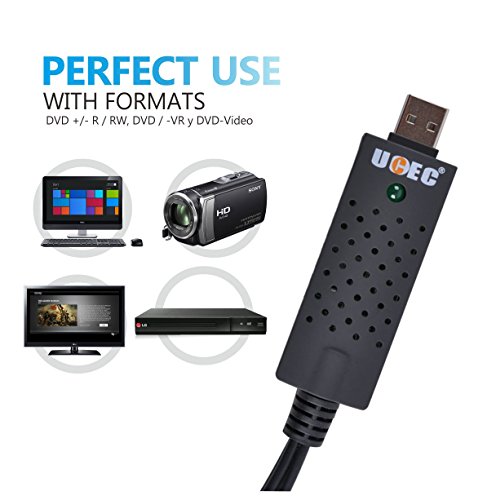 UCEC Capturadora de Video USB 2 0 Captura de Video y Audio con Cable de Transferencia USB 2 0 - Tarjeta Adaptador VHS VCR TV a DVD Compatible con Win 2000   Win XP Win Vista Win 7   Win 8   Win 10