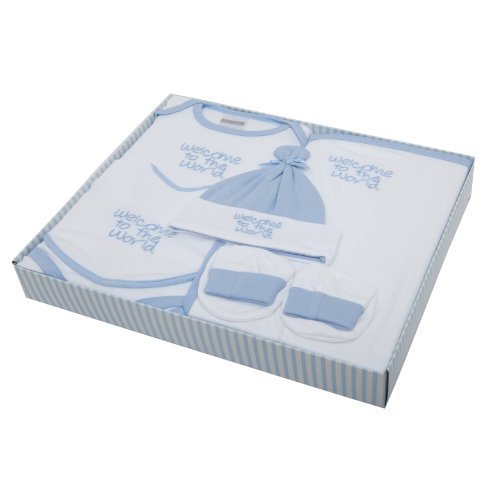 Babies Gift Set, Embroidered 5 Piece Gift Set (Bodysuit, Hat, Booties, Blanket & Bib) (0-3 months) (Blue)
