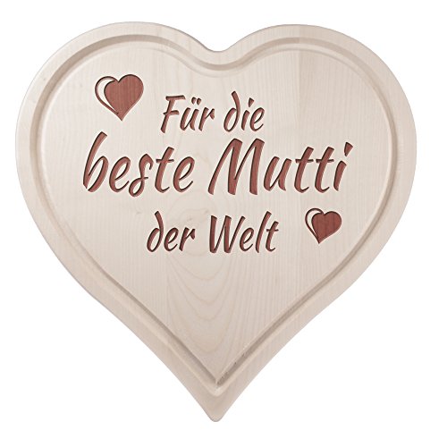 Schneidebrett Herz mit Gravur - Für die beste Mutti der Welt – Ideal als Muttertagsgeschenk - Frühstücksbrett - Küchenbrett - Deko aus 1,5 cm dicken edlem Ahorn Holz mit Saftrille - 30 cm x 30 cm