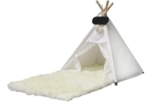 Whiwhi Pets Teepee Dogs Tent with Plush Dog Mat Washable Cats Tents Dog/Cat Bed Luxery Kennels Play House 70x70x80cm