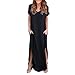 Produktbild Longra Damen Casual Sommerkleid Strandkleid Elegant Kurzarm Lang Kleid Freizeit und Tourismus-Resort Kleider Damen V-Ausschnitt Urlaub Kleid mit Baumwolle Lose Abendkleid Maxikleider (Black, XL)