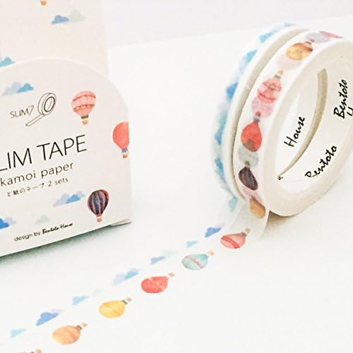 Skinny Washi Tape Set - 2 Rolls 8mm &amp; 5mm Hot Air Balloons Clouds - Bullet Journal Planner