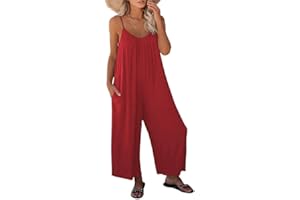 Haibang Combinaison Femme Été Sans Manches Casual Jumpsuit Chic et Élégant Bretelles Spaghetti Réglables Romper Salopette à Jambes Larges Loose Playsuit avec Poches
