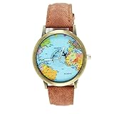 Fashion Frauen Herren Vintage Earth Weltkarte Armbanduhr Denim Stoff Handgelenk Uhren braun