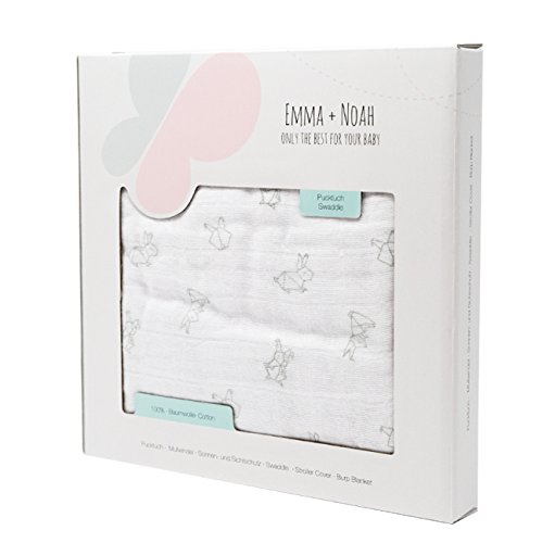 Emma & Noah Baby Pucktuch, kuschelig weich und beruhigend für Schreibabys, 120 x 120 cm, 100% Baumwolle, Weiß mit Hasen-Motiv, ideal als Puckdecke, Swaddle Blanket, Wickeltuch, Puckhilfe, Swaddle Wrap - 2