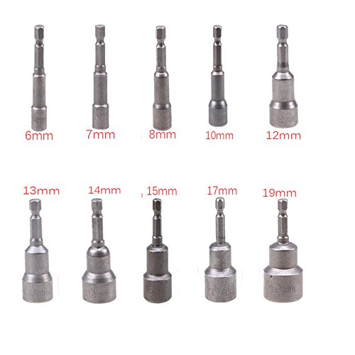 10 Stück Sechskant Steckschlüssel Bohrer Set Nuss Bitsatz Magnetischer Adapter Chrom Vanadium Stahl 6-19mm 1/4 Nuss Treiber Sockel Innensechskant Werkzeug - 2