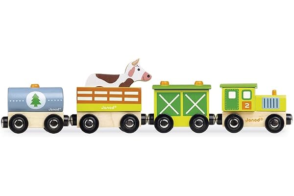 Janod - Set Train de la Ferme Story - 5 Figurines en Bois - Jouet d'Imagination - Animaux de la Ferme avec Véhicules - Compatible avec Les Rails Existants sur Le Marché - Dès 2 Ans, J08578