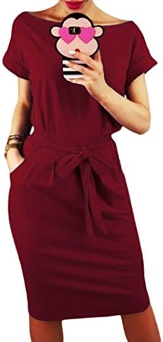 Issza Women's Short Sleeve Simple Dress Pocket Waist Plain Midi Dress