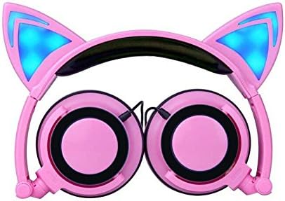 Cute Cat ear headphone,KOMRT KID Headphone Foldable Stereo Wired Over Ear Kids Headphone Flashing Glowing Gaming Headphone with LED Light for PC Laptop Computer Mobile Phone