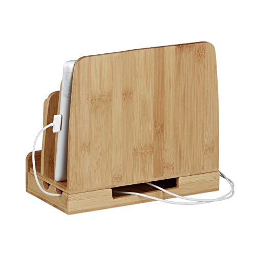 Relaxdays Ladestation Bambus, Ladestationhalter, 3 Ablagen, Smartphone, Handy, Tablets, HBT: 23 x 25,5 x 13,5 cm, natur