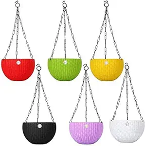 GTB Multicolor Round Rattan Woven Plastic Flower Hanging Planter Big Size 8.5 Inches /Beautiful Round Gamla Pot/Flower Hanging Pot for Garden Balcony (6)