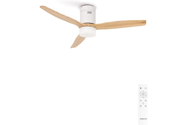 CREATE / WINDCALM M/Ventilateur de plafond ABS avec lumière et télécommande blanc pales effet bois clair / 40W, Silencieux, Ø132 cm, 6 vitesses, minuterie, été-hiver, double hauteur,