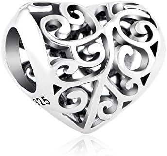 Globalwin 925 Sterling Silver Heart Openwork Charms fits Pandora &amp; Trollbeads Bracelets - Gift bag YZ286