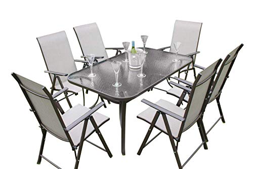 Henley 6 Seater Garden Dining Set - 6 Folding Chairs and a Glass Top Table