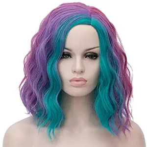Aicos Fashion 35cm Short Curly Full Head Wig Heat Resistant Daily Dress Carnival Party Masquerade Anime Cosplay Wig +Wig Cap (Turquoise Green Pink Purple)