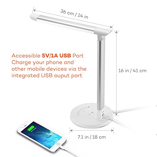 TaoTronics 12W Schreibtischlampe LED Tischleuchte 5 Farb- und 7 Helligkeitsstufen dimmbar Touchfeldbedienung USB-Anschluss für Aufladung des Smartphones Weiß - 4