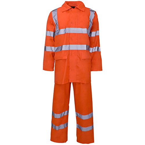 Conjunto de trabajo de lluvia MyShoeStore®, unisex, de alta visibilidad, con capucha, con chaqueta y pantalones, impermeable, PVC, talla S a 4XL, juego de 2 piezas Naranja Orange / Hi Viz Small