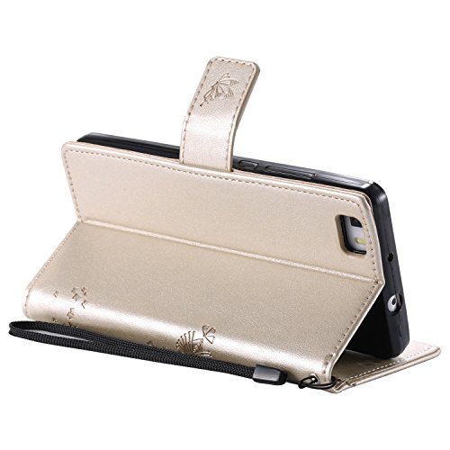 Cozy Hut Mehrfarbige PU Leder Klappe Tasche Schutz Hülle für Huawei P8 Lite in Ölmalerei Stil Colorful Painting Flip Case KunstLedertasche Etui Schutz Hülle Handytasche mit Standfunktion Kartenfächern(Katzen und Baum) – golden - 3