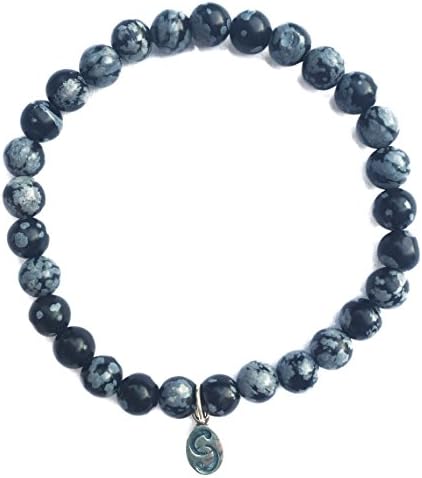 Snowflake Obsidian Stretch-Bracelet, Semi-Precious Stones, APOCCAS, AGNI, Grey-Black, 6 mm diameter, Sterling Silver Tag, Women's, size M