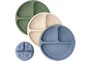 BEBECALIN Baby Suction Plate Set of 3 - Non Slip Baby Plate, Divided Plates for Toddlers and Kids Childrens, BPA-Free Unbreakable Plates (Royal Blue/Cream/Army Green)