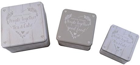 SET OF 3 TEA &amp; CAKE BEIGE CREAM HEART STENCIL METAL SQUARE CAKE TINS
