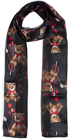 Myoptrendz® Ladies Girl's Soft Shiny Satin Chiffon Stripe Teddy Bear Scarf Teddy Bear and Balloon Print Satin Scarf Wrap Stole- Black …
