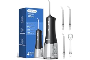 Operan Water Flossers for Teeth Cleaning Upgraded 300ml Cordless Water Dental Flosser Rechargeable Irrigator with 4 Modes 4 Jet Tips IPX7 Waterproof Water Floss for Home Travel (Black, 1Pack)