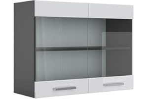 Vicco Armario de Cocina con Vidrio R-Line, Blanco Alto Brillo/Antracita, 80 cm