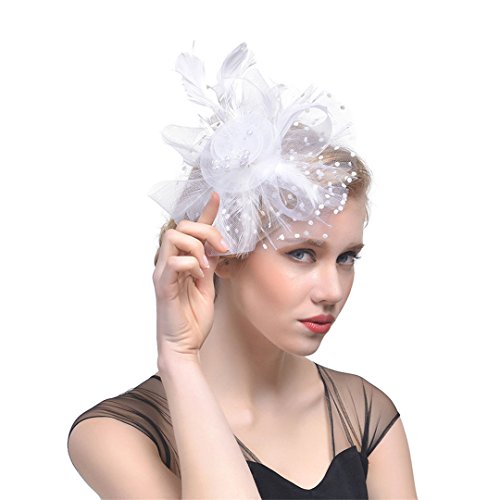 Kranchungel Fascinators Hat for Women Tea Party Headband Derby Wedding Cocktail Flower Mesh Feathers Hair Clip White