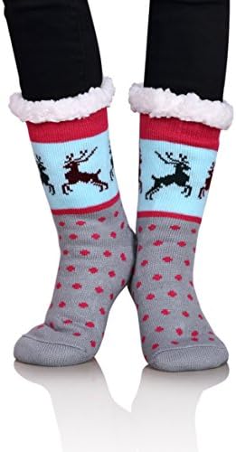 DOFUN Women Girl Warm Winter Fuzzy Fleece Lined Slipper Socks - Deer Christmas Socks Gift Idea (Gray)