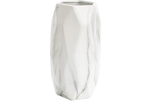 JUZAI Tall 8 Inch White Marble Ceramic Vases for Modern Home Decor, 20 CM Tall Small Geometric Design Decorative Flowers Vase with Opening of 7 CM