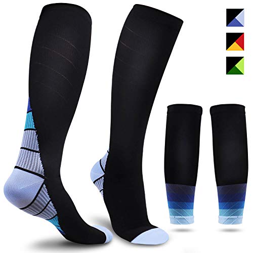 REIDAY Calcetines de compresión,Medias de compresión,1 Pares Medias y 1 Pare Mangas de Pantorrilla,Calentadores de Pantorrilla de Compresión Graduada (Azul, S/M)