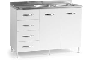 REDÒKASA Sotto lavello per cucina componibile da 120 cm con due ante e 4 cassetti, realizzata in legno 100% MADE IN ITALY (Con Lavello Vasche a Destra, Bianco Frassino)