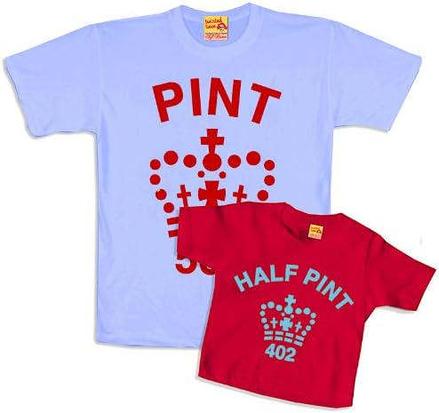 Matching Pint &amp; Half Pint T shirt Set for Father &amp; Son or Daughter - Pale Blue &amp; Red - with Fab Dad Goody Bag and extra dad treats. (Half Pint 5-6 years, Red/Pale Blue Pint Medium)