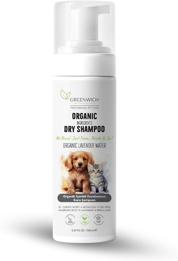Greenwich Kedi ve Köpek Kuru Şampuanı 150 ml, Durulama Gerektirmeyen Vegan Temizleme Köpüğü, Banyo Aralarında Pratik Tüy Bakımı ve Ferah Görünüm Desteği