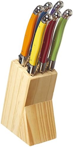 Set of 6 Colourful Laguiole Steak Knives in Wooden Block Steak Knife Set