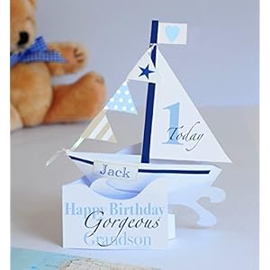 Personalisierte Popup Segelbootkarte fur einen Jungen/Enkel/Sohn/Godson/Nephews1. Geburtstag.