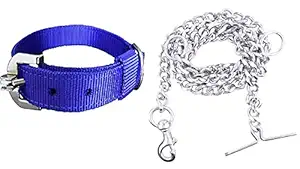 PSK PET MART Dog Belt Combo of Dog Collar with Dog Chain Specially for Medium & Large Dogs (3/4 Inch Under Weight 10-25 kg, Blue)