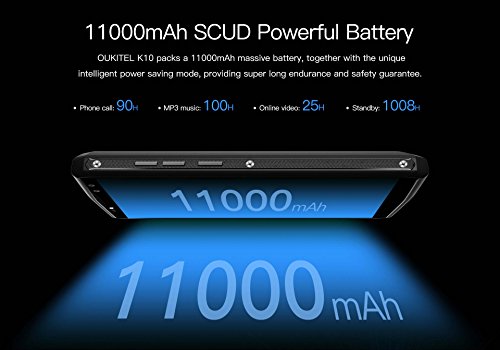 OUKITEL K10 Smartphone 4G Android 7,1 OS, 6 Pollici(18:9) Schermo Telefoni, 13MP + 8MP Anteriore, 21MP + 8MP Posteriore Fotocamera 11000mAh Cellulari, Processore Octa-core da 2,0 GHz Telefonia Mobile con 6GB RAM + 64GB ROM, Doppio SIM, Impronta Digitale Posteriore - Nero