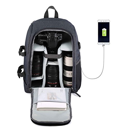 Mochila para C&aacute;maras R&eacute;flex y Accesorios con Puerto USB Cargador y Ordenador Port&aacute;til 14&rdquo; Mochila Protecci&oacute;n Anti-lluvia Impermeable para Nikon Canon Sony (Gris)