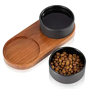 Big Howls - Lil' Meows - Modern Black Ceramic Elevated Pet Bowl Set with Timber Tray | Dog Food & Water Bowl | Raised Cat Feeder | Elevated Dog Bowls | Puppy Bowl Set| Kitten Dish | Ceramic Pet Dishes