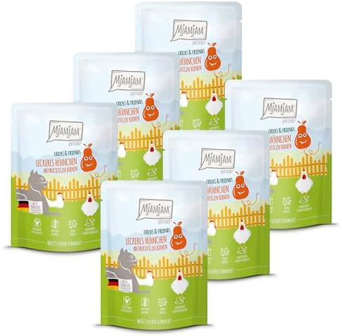 MjAMjAM - Cibo umido Premium per gatti - Quetschie - Chicks & Friends delizioso pollo con pere fruttate, confezione da 6 (6 x 300g), senza cereali