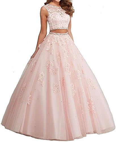 ANJURUISI Women's Two Piece Pearls Vestidos 15 Ball Gown Sweet 16 Quinceanera Dress Pink-UK14