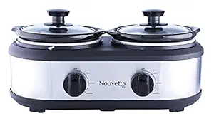 Nouvetta Gourmet Stainless Steel Slow Cooker Twin Pot 170W, 2 X 1.25 Liter, Grey & Black